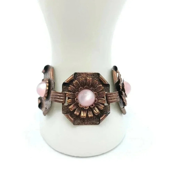 Large Wide Copper Embossed Pink Acrylic Moonstone Bracelet 8" - Picture 1 of 6